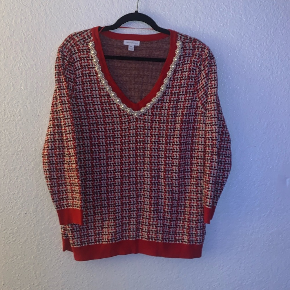 Pearl detail Houndstooth red white and black sweater